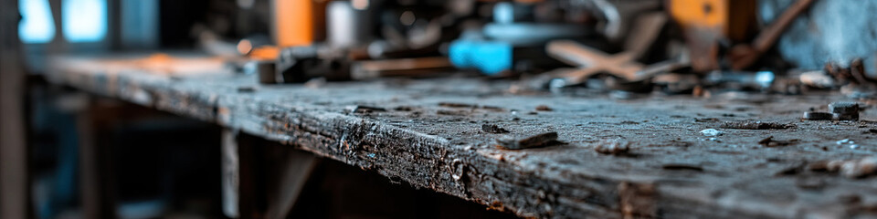 Poster - Close-up of a Weathered Wooden Workbench with Debris