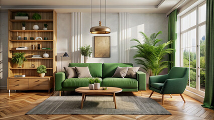 Wall Mural - Modern Living Room with Green Sofa and Wooden Accents