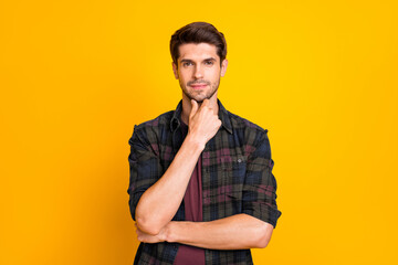 Aufkleber - Photo of amazing macho guy thinking about important business decision wear casual plaid shirt isolated yellow color background