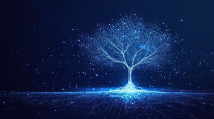 Glowing digital tree, network roots, dark background, technology concept (4)