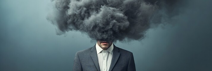 Aufkleber - Stressed businessman with exploding head under a dark cloud of smoke, representing burnout, information overload, and mental health challenges in the demanding corporate world