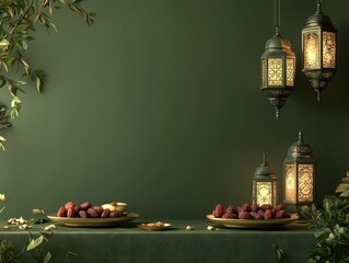 Poster - Dates and Metal Lanterns on Dark Green Background