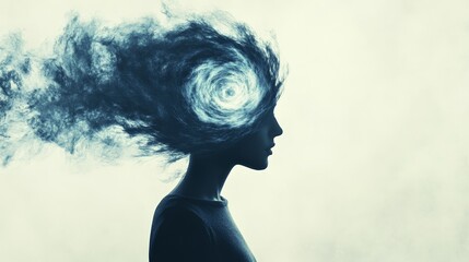 Aufkleber - Surreal image of a woman experiencing a mental breakdown, with her head exploding into a swirling vortex of dark smoke, representing stress, anxiety, and the overwhelming nature of thoughts