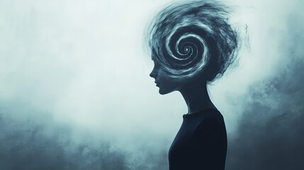 Aufkleber - Surreal portrait of a woman with a swirling vortex of thoughts exploding from her head. Symbolizing information overload. Burnout. Stress. Migraine. Or dementia. Against a foggy. Dreamlike background