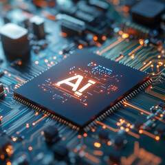 Fototapete - Modern computer chip with AI inscription. AI generative.