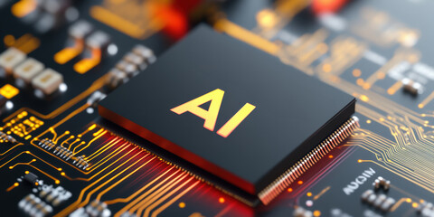 Fototapete - Modern computer chip with AI inscription. AI generative.