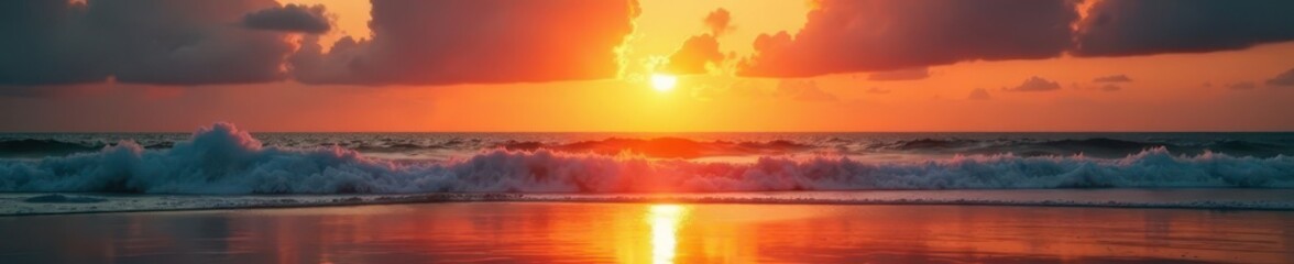 Wall Mural - golden sun dips below ocean horizon, fiery sky reflects on wet sand, orange, light, reflection