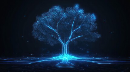 Glowing digital tree, dark background, network roots, technology concept (1)