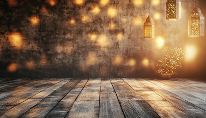 Poster - Golden Lanterns and Warm Lights on Rustic Wooden Floor