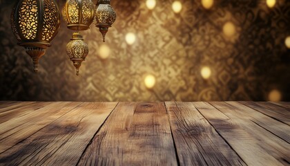 Poster - Golden Lanterns Hanging Over Dark Brown Wooden Table Against Ornate Background