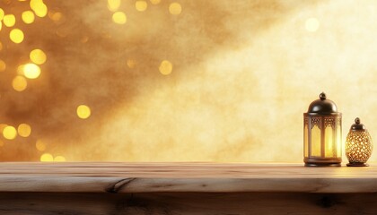 Aufkleber - Golden Lanterns on Wooden Table with Warm Bokeh Lights