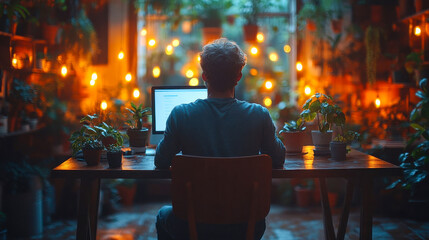 Poster - A man working on a laptop in a cozy, plant-filled room with warm lighting. The ambient glow enhances the workspace, creating a peaceful and inspiring atmosphere
