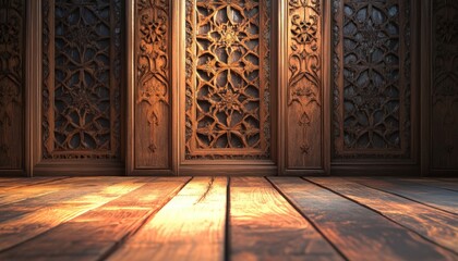 Poster - Intricate Wooden Paneling With Geometric Carving and Warm Lighting
