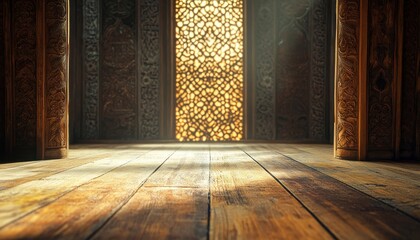 Poster - Intricate Wooden Wall Carvings in a Golden Lit Room
