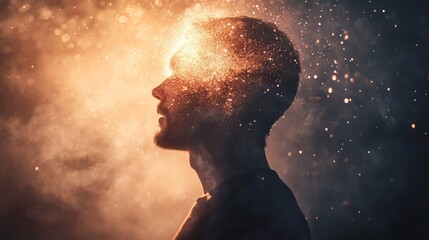 Aufkleber - Profile of a man experiencing an explosion of information and thoughts, symbolizing stress, burnout, and mental health challenges in the modern age