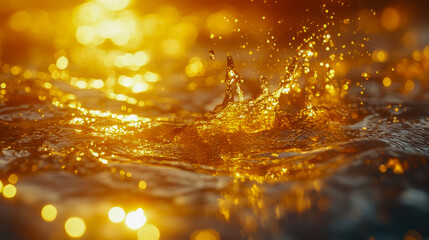 Poster - Golden liquid splashing in slow motion, illuminated by warm, sparkling light, creating a dynamic scene