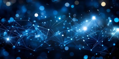 Poster - abstract technology network background design with interconnected nodes and blue bokeh