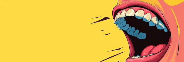 Poster - Colorful illustration of an open mouth screaming, featuring stylized teeth and a vibrant yellow backdrop, conveying concepts of expression, emotion, and vocalization