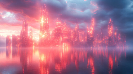 Poster - A futuristic metropolis glows in red and pink neon hues, reflecting vividly on a calm water surface under a stormy sky