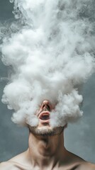 Poster - Man's face obscured by a cloud of smoke, symbolizing mental overload, stress, and burnout. The visual metaphor captures the chaos of thoughts and the pressure of modern life