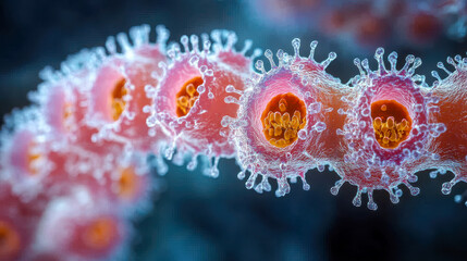 Poster - Close-up view of a magnified virus, showing its structure in vibrant pink and orange hues, emphasizing microbiology and disease research
