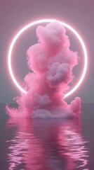 Poster - A mesmerizing display of pink clouds rises above water, framed by a luminous white ring. Pastel hues blend harmoniously, creating a tranquil atmosphere. Minimalist design captures ethereal beauty