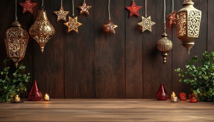 Aufkleber - Ornate Gold and Red Lanterns with Stars Hanging on Dark Wood Background