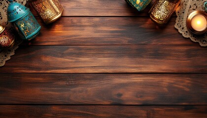 Poster - Ornate Gold And Teal Lanterns With Lit Candle On Dark Brown Wooden Table