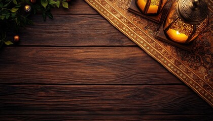 Poster - Ornate Gold Lanterns and Candles on Dark Wooden Table