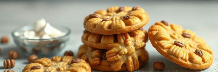 Wall Mural - Deliciously crafted cookies with coffee beans arranged on a gray countertop