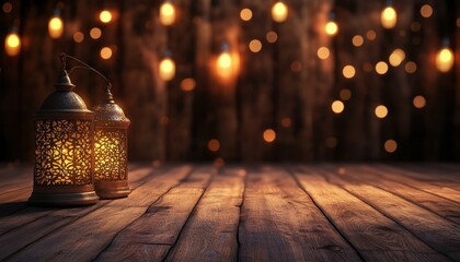 Poster - Ornate Golden Lanterns Glowing on Dark Wooden Surface with Warm Bokeh Lights