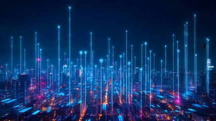 Poster - a cityscape with many buildings and lights. the city is lit up in blue and purple. the cityscape is 