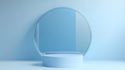 Aufkleber - Showcasing a sleek blue podium complemented by a circular glass backdrop, this setup creates a tranquil atmosphere ideal for presenting contemporary products in stylish interiors