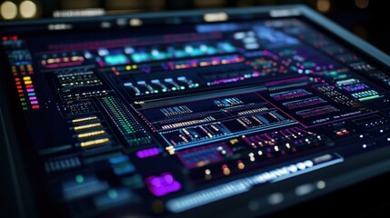 Poster - high tech digital interface displaying complex data analytics, featuring vibrant neon colors and int