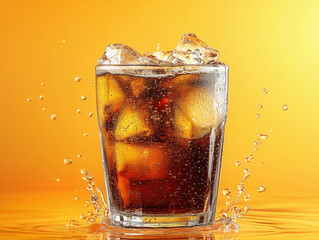 A carbonated cola drink with bubbles in a glass against a yellow setting.