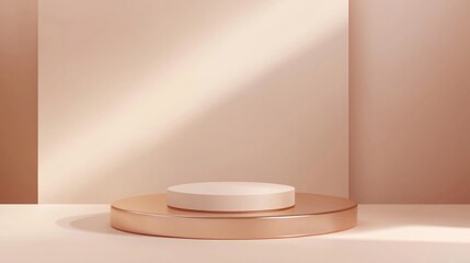 Aufkleber - This elegant setup features a geometric platform designed for beauty products against a warm pastel background. A modern, sophisticated display invites attention
