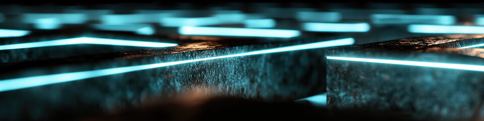 Poster - Cyan Neon Lines Intersecting Dark Textured Blocks