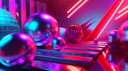 Poster - Geometric shapes, some with a metallic finish, in a pink and blue environment, illuminated by neon lights.