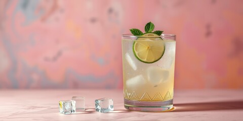 Wall Mural - Refreshing cocktail with lime and mint served on a marble table against a pastel background