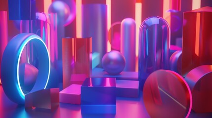 Poster - Abstract background with neon colored 3d geometric shapes.