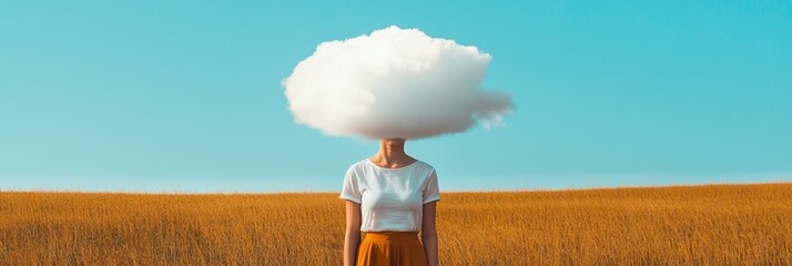 Aufkleber - Surreal image of a young woman standing in a golden wheat field with a large, white cloud replacing her head, representing thoughts, ideas, dreams, and the power of imagination
