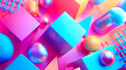 Poster - Abstract 3D render with colorful, shiny geometric shapes and a blue background.