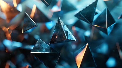 Poster - Abstract background with a close-up of glowing, metallic pyramids in blue and orange tones.