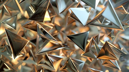 Poster - A close-up view of a pile of shiny metallic triangles, with highlights and reflections.