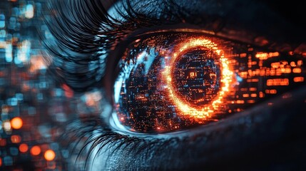 Poster - robotic eye scanning glowing database for fraud anomalies in neon futuristic concept
