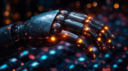 Poster - Robotic Hand Hovering Over Glowing Feedback Icons and Categorized Text Reviews in Sentiment Analysis Concept
