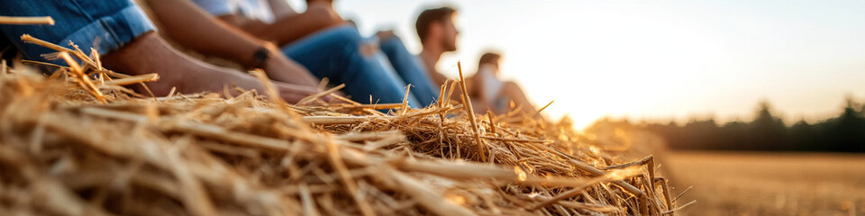 Wall Mural - Hay Bale with Blurred Figures in Field at Sunset