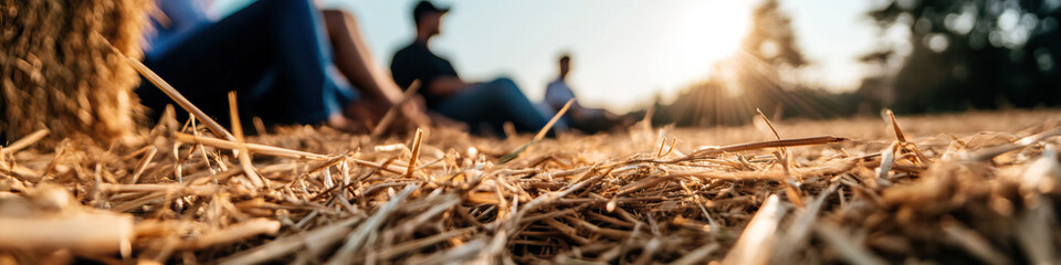 Wall Mural - Straw Field with Blurred Figures at Sunset