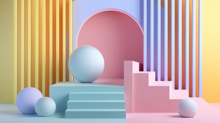 Poster - Abstract 3d render with pastel colors and geometric shapes.