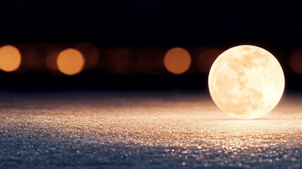 Canvas Print - Glowing moon-like sphere on a reflective surface with soft bokeh lights in the background